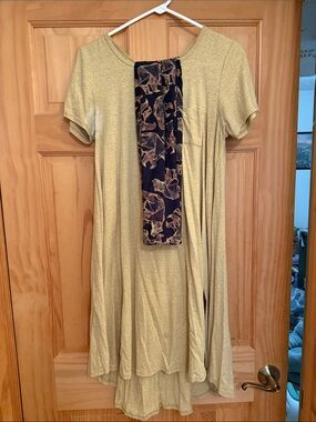 Lularoe Gold Short-Sleeve Swing Dress with Pocket and gold print bear leggings